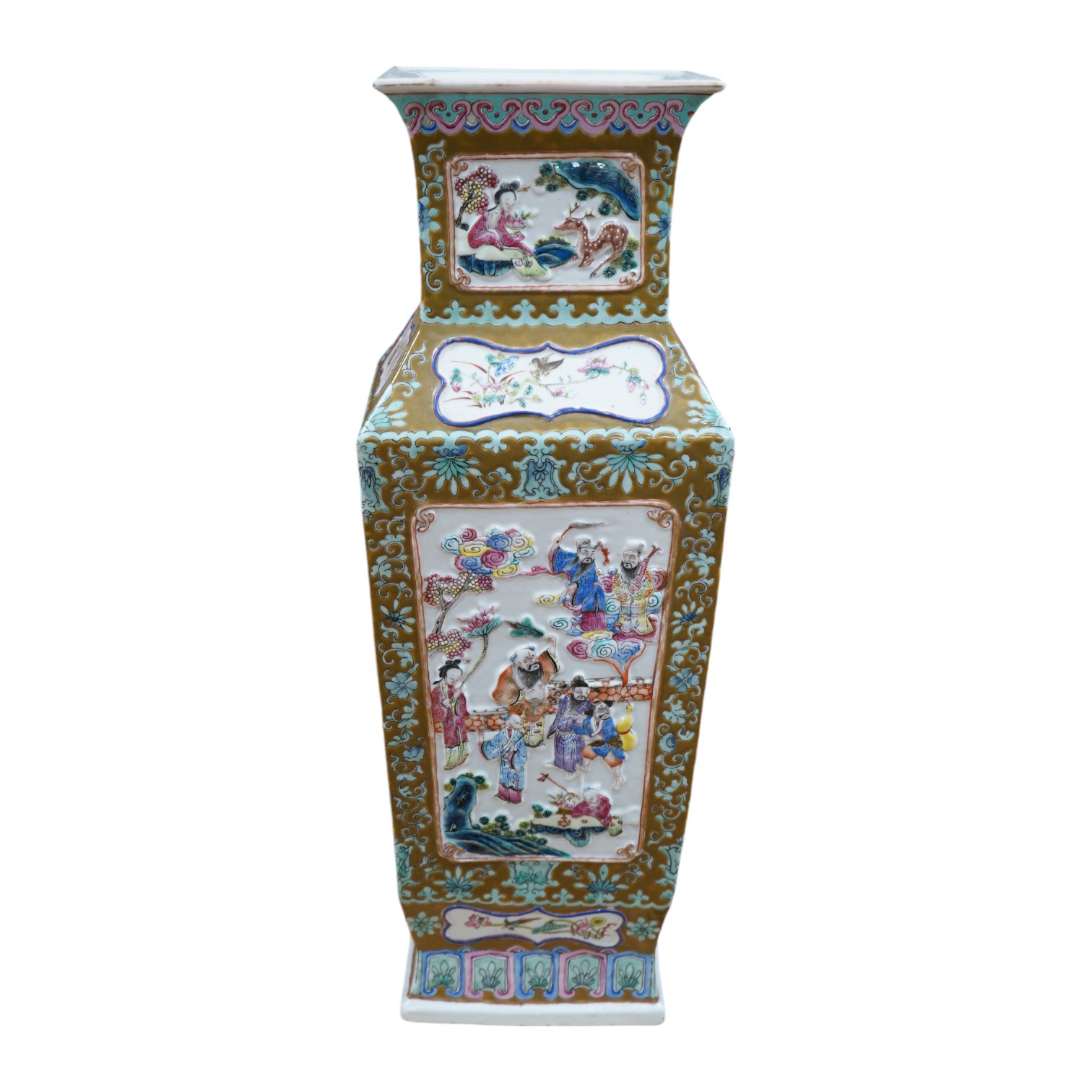 A large 19th century Chinese moulded famille rose ‘eight immortals’ vase, 59cm high., Condition - base drilled; underside damaged